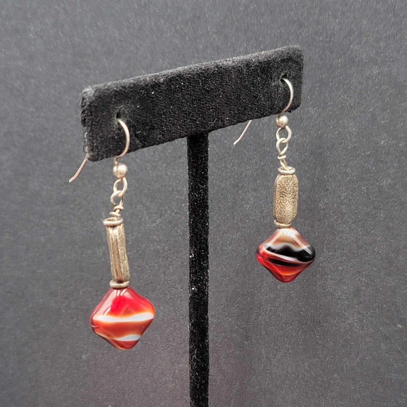 Pierced Earrings Silver tone Red Art Glass Square Bead Dangle 1.25"