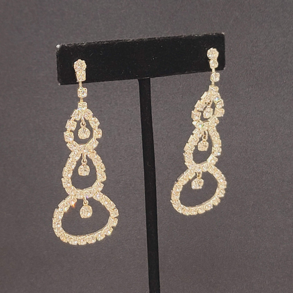 Long Rhinestone Pierced Earrings Silver tone Dangle Open Circles 2.75"