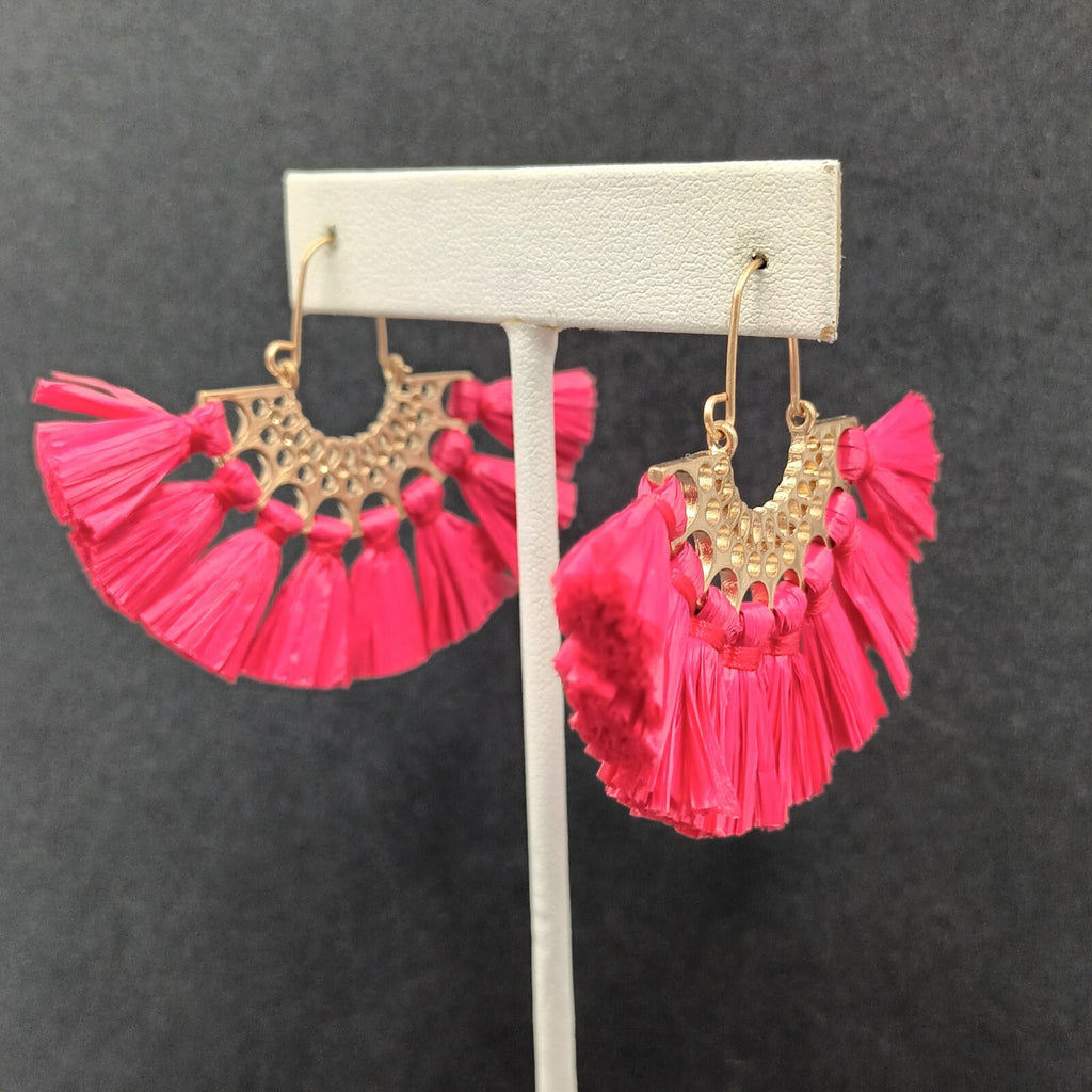 Boho Pierced Earrings Gold tone Red Rattan Tassel 1.25"