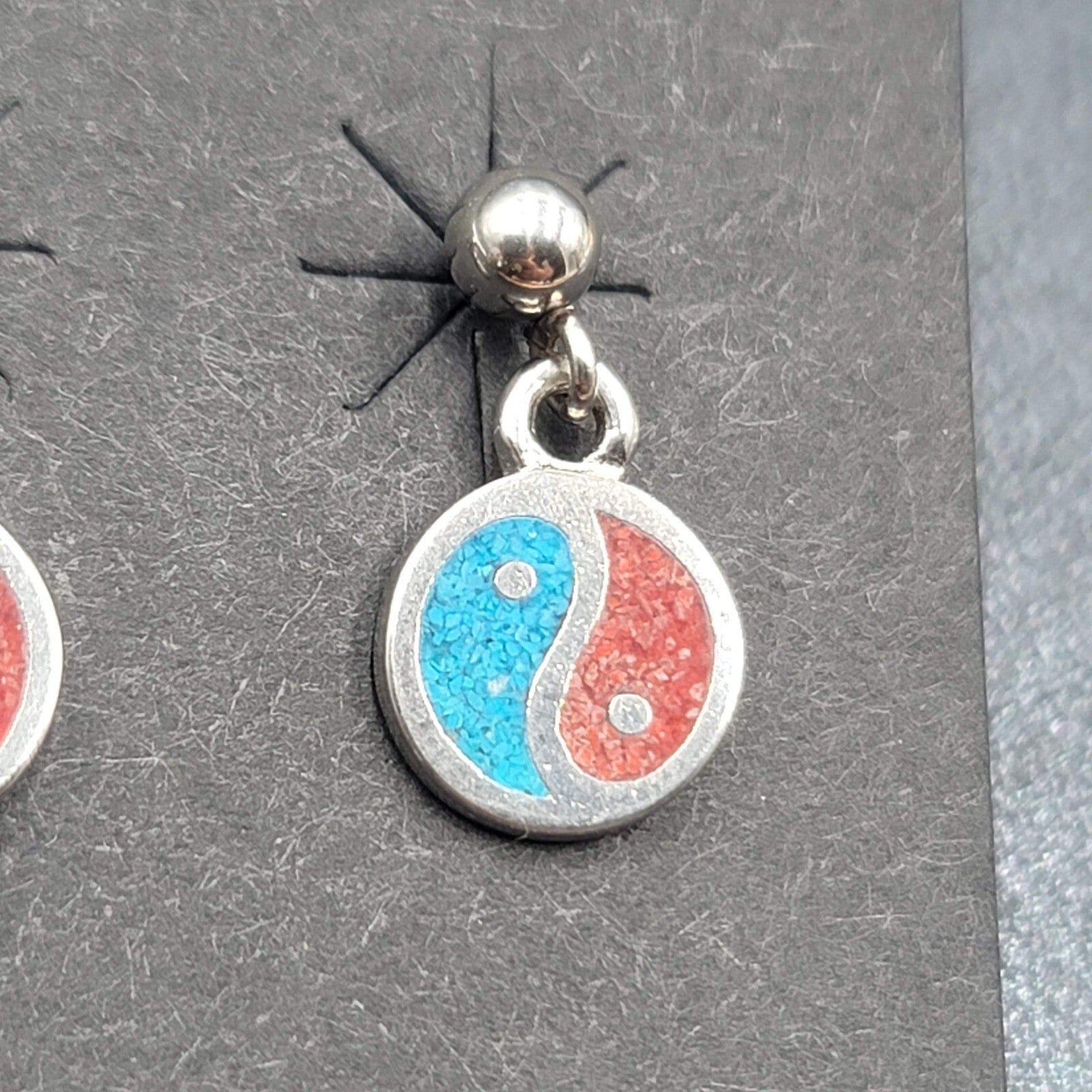 Vintage Peace Sign Pierced Earrings Silver Plated Turquoise Coral Inlay NOS