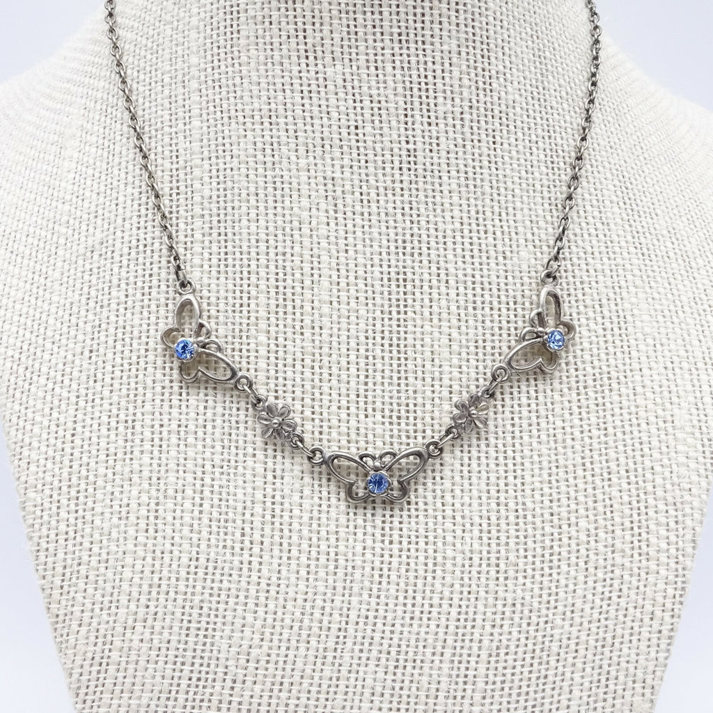 Silver tone Chain Butterfly Necklace Blue Rhinestone Accents Collar  14" - 16"