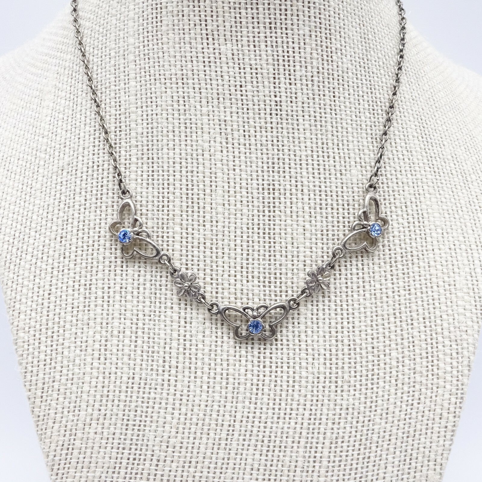 Silver tone Chain Butterfly Necklace Blue Rhinestone Accents Collar  14" - 16"