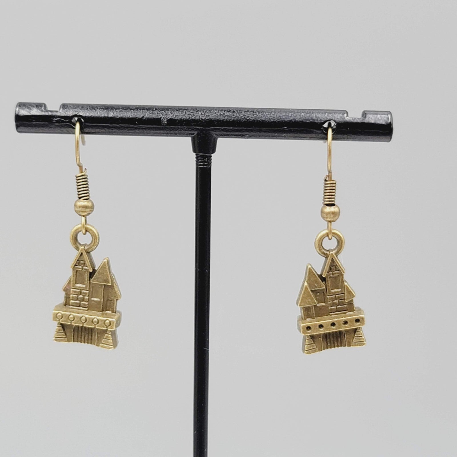 Castle House Pierced Earrings Bronze tone Embossed Dangle New 7/8"