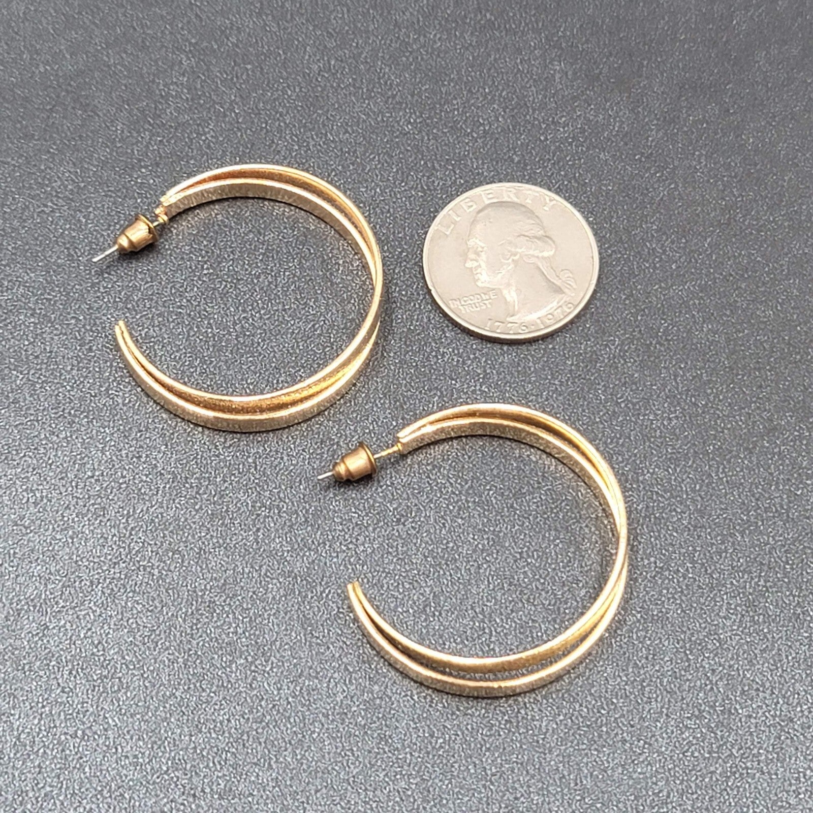 Pierced Earrings Gold tone Textured Double Hoops 1.5"