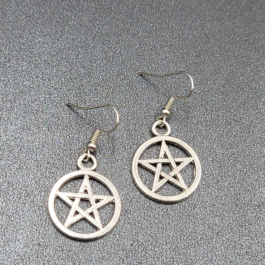 New Pentagram Circle Pierced Earrings Smooth Silver tone Dangle 1"