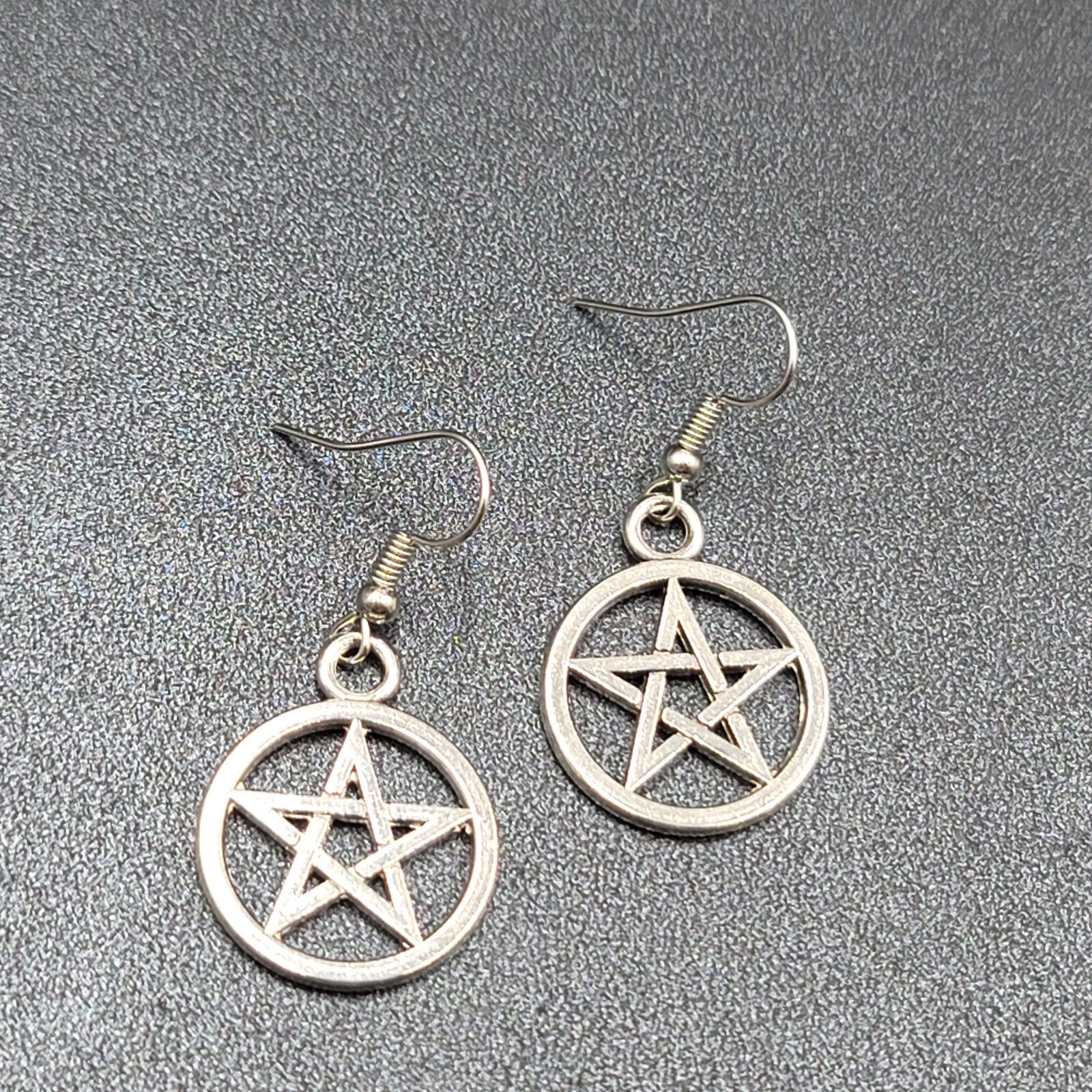 New Pentagram Circle Pierced Earrings Smooth Silver tone Dangle 1"