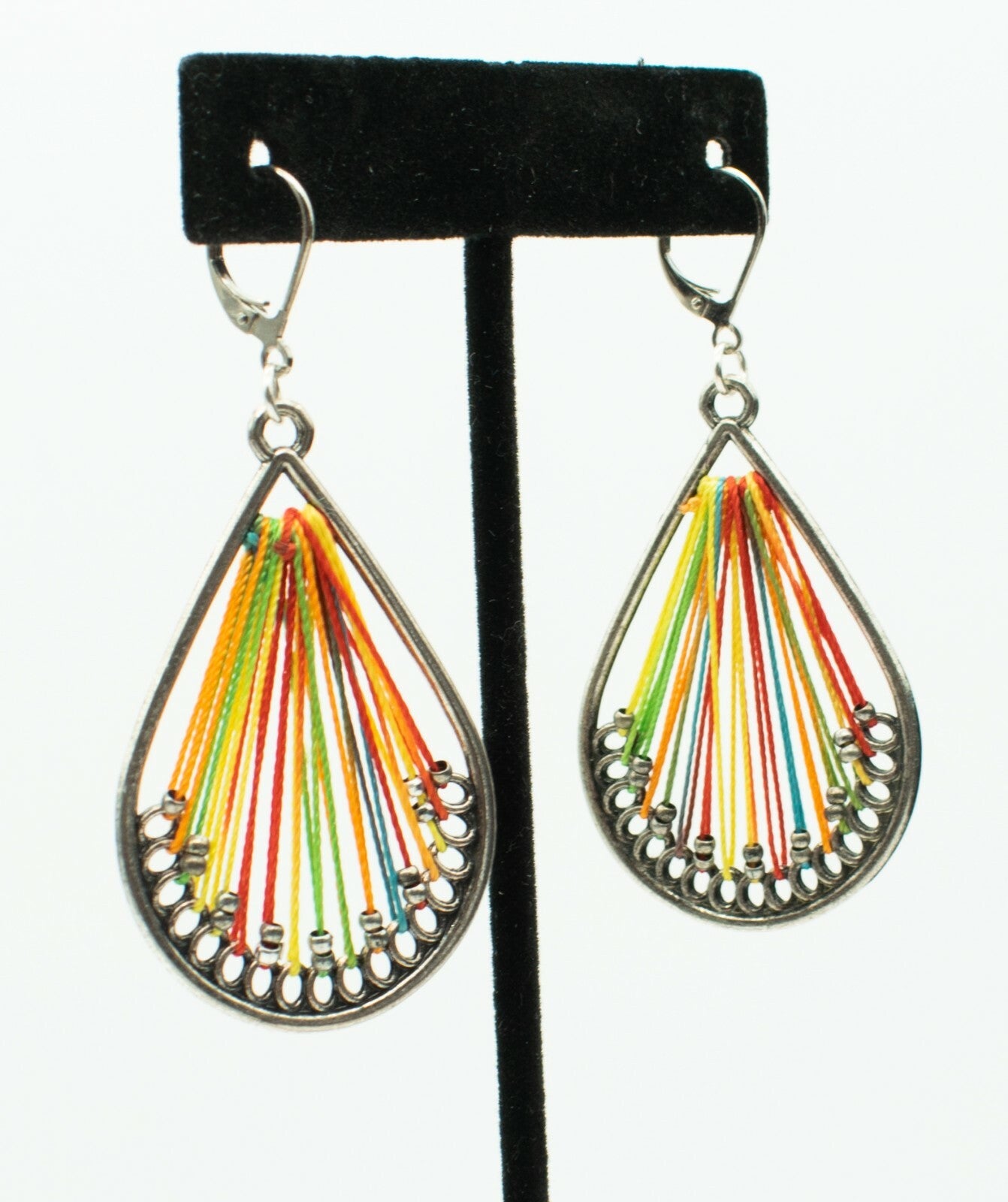 Pierced Earrings Silver tone Dangle Rainbow Thread 2"