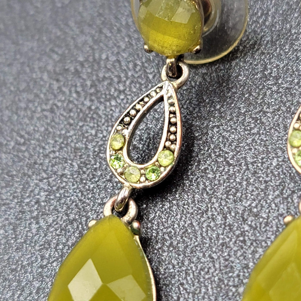 LC Pierced Earrings Silver tone Green Accents Rhinestone Dangle 1 3/8"
