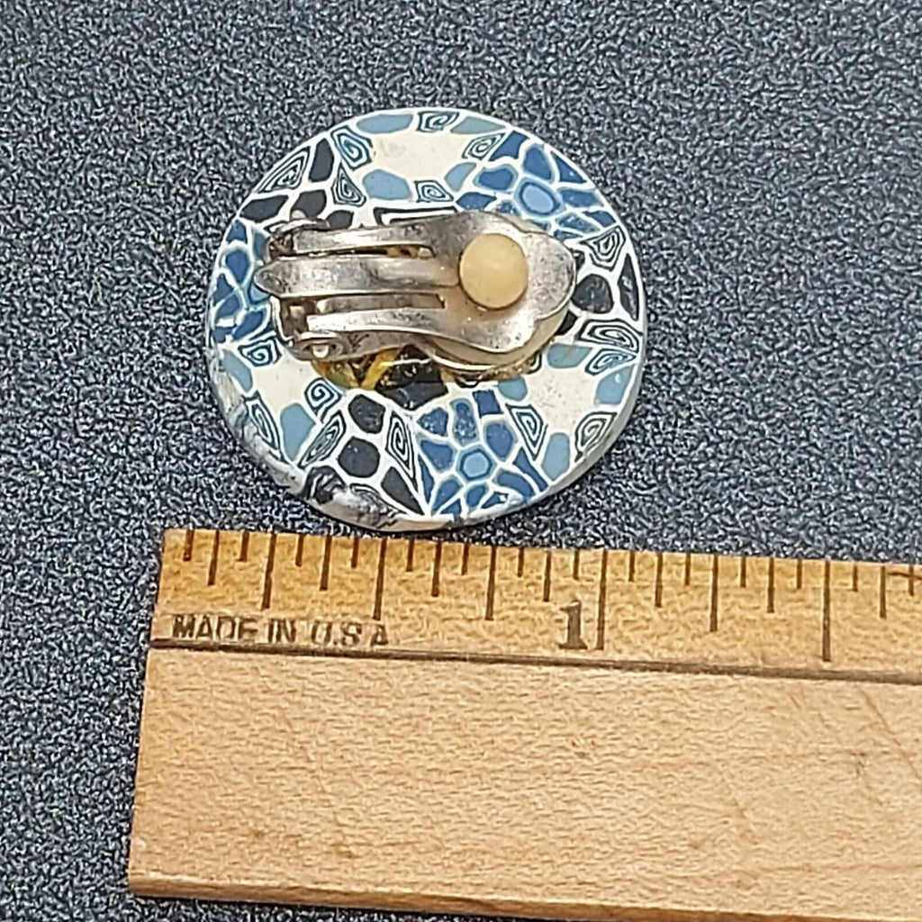 Vintage Clip on Earrings Blue Polymer Clay Disc Button Style 1"