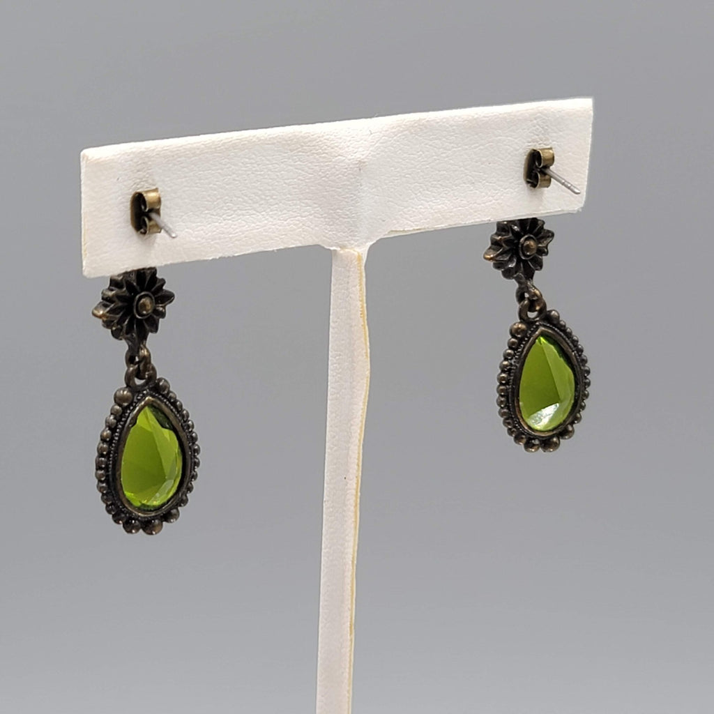 Green Rhinestone Teardrop Dangle Pierced Earrings Bronze tone 1.5 in