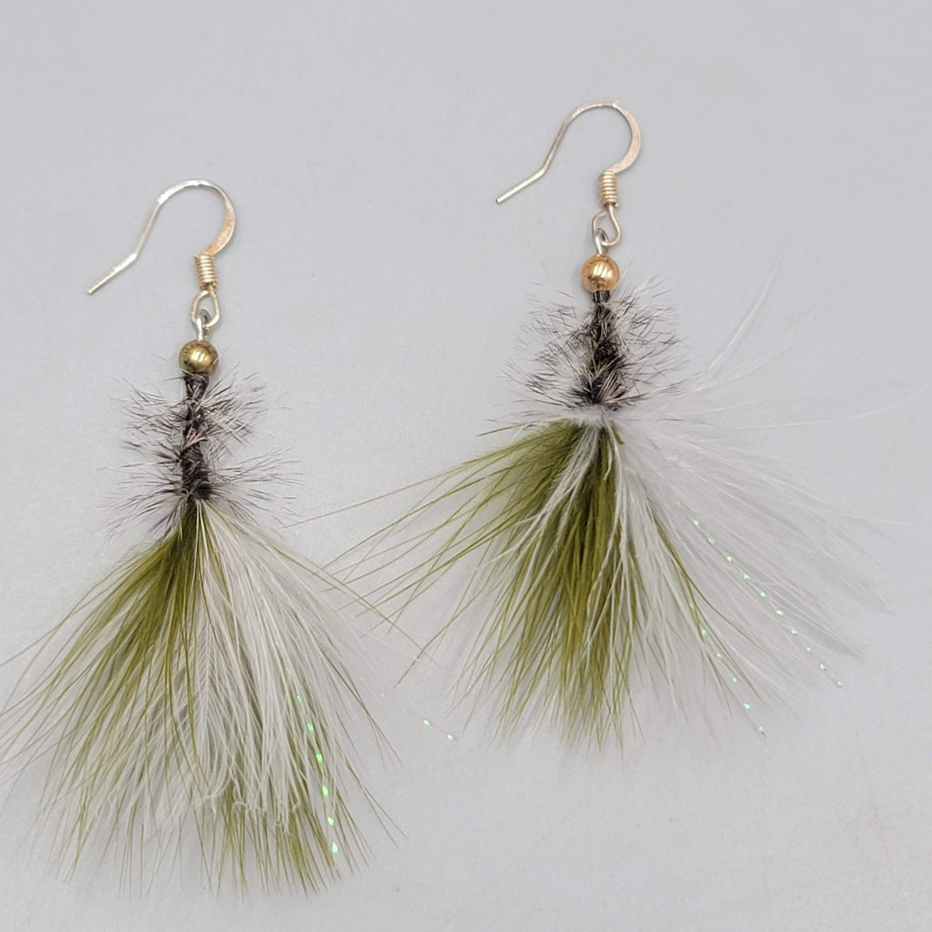 Artisan Pierced Earrings Feather Fly Tie Fishing Dangle Green White 2"