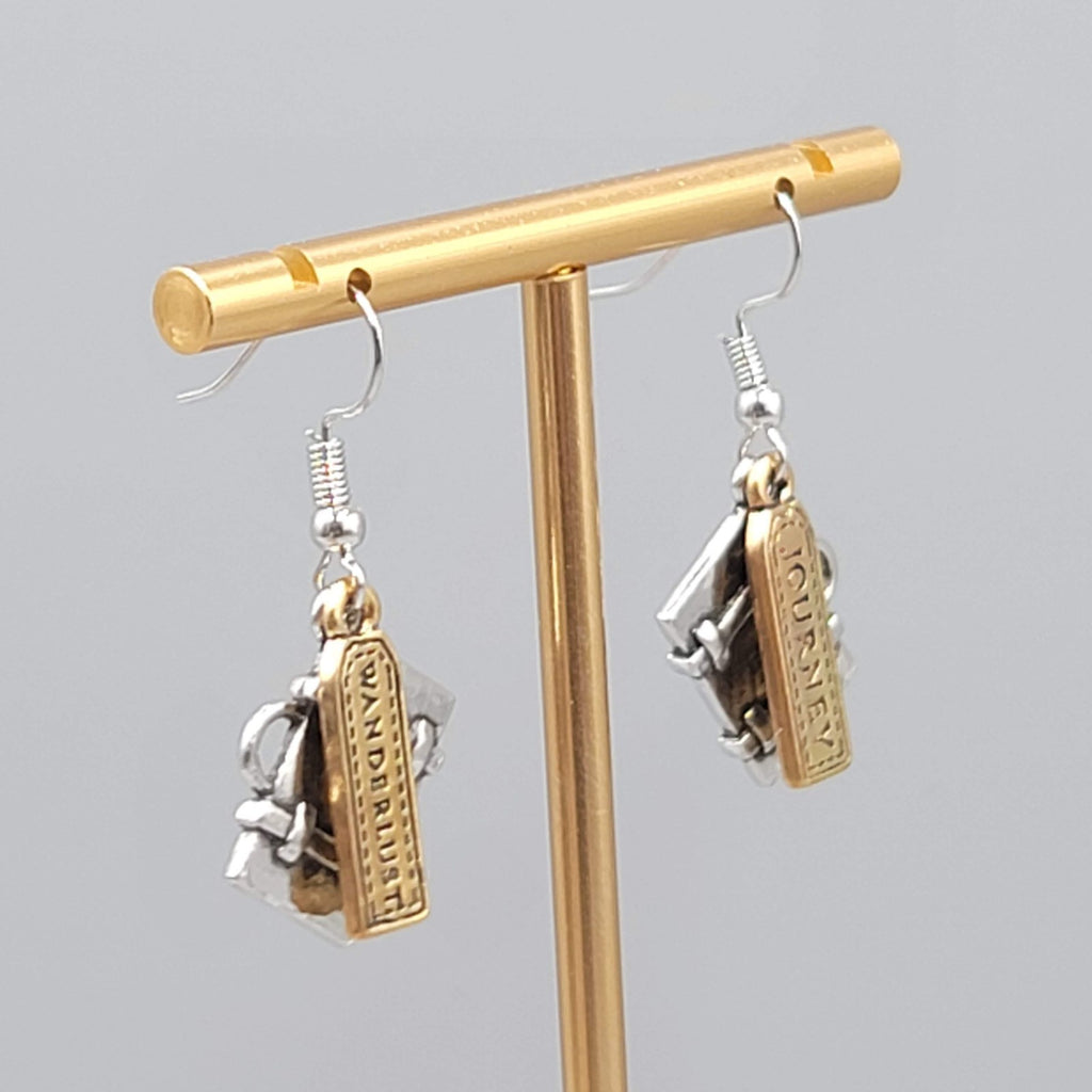 Travel Theme Pierced Earrings Suitcase JOURNEY WANDERLUST Two Toned Dangle 1"