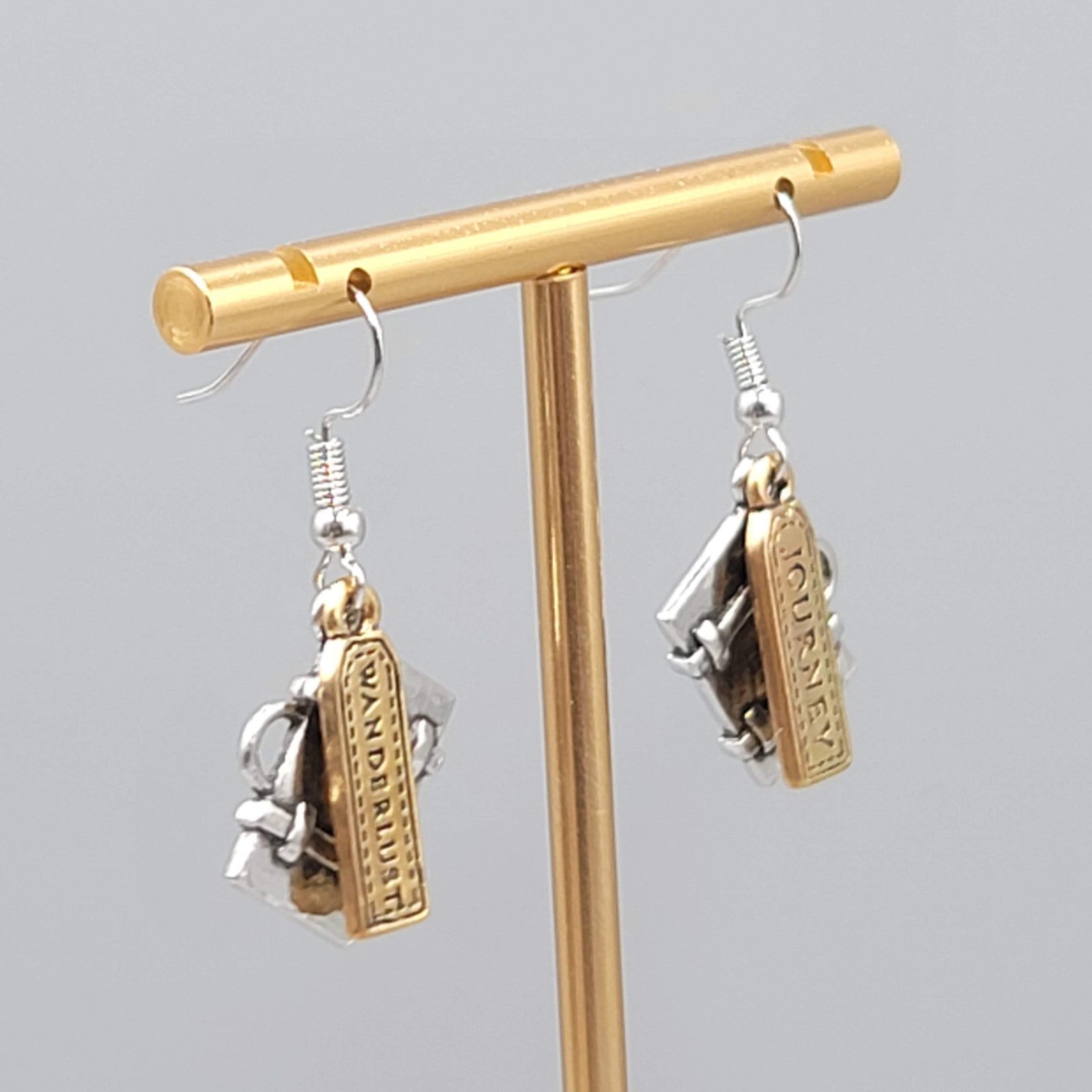 Travel Theme Pierced Earrings Suitcase JOURNEY WANDERLUST Two Toned Dangle 1"