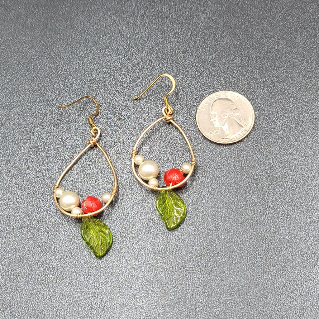 Pierced Earrings Gold tone Rose Leaf White Beads Dangle 2"