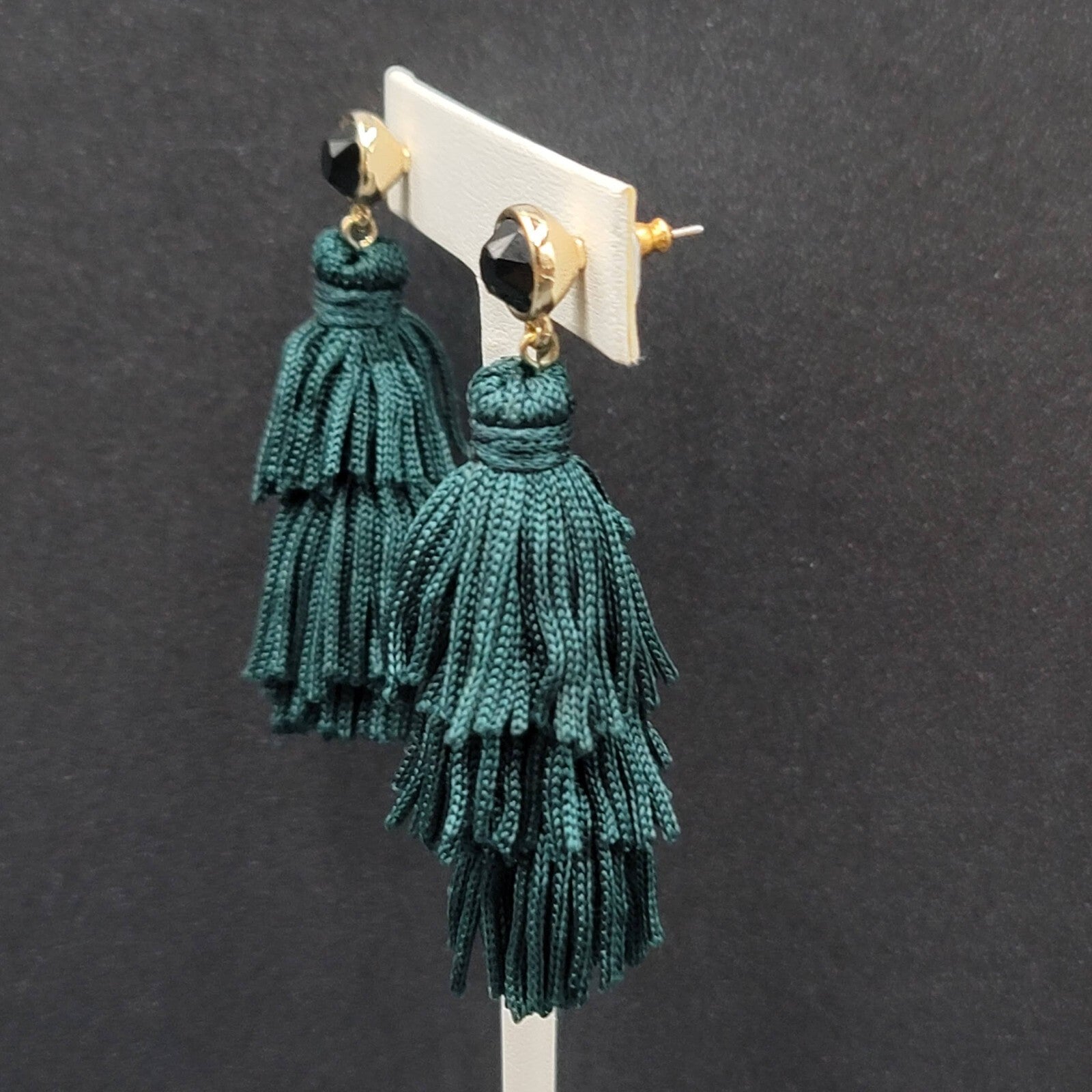 Pierced Earrings Gold tone Green Fringe Tassel Dangle 2.25"