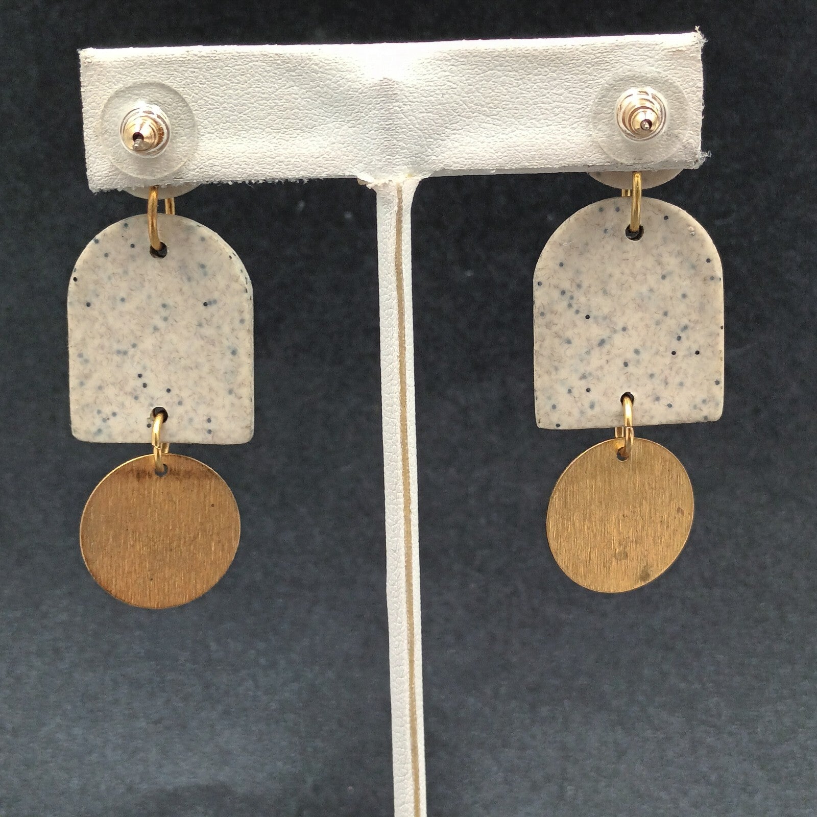 Pierced Earrings Speckled Acrylic Gold tone Geometric Statement Dangle 2 3/8"