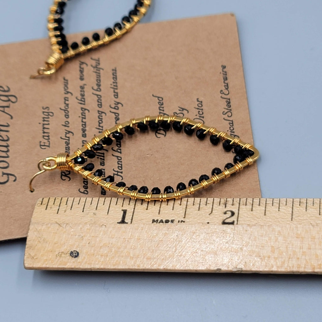 Golden Age Pierced Earrings Gold Wire Leaf Shape Black Bead Handmade Artisan