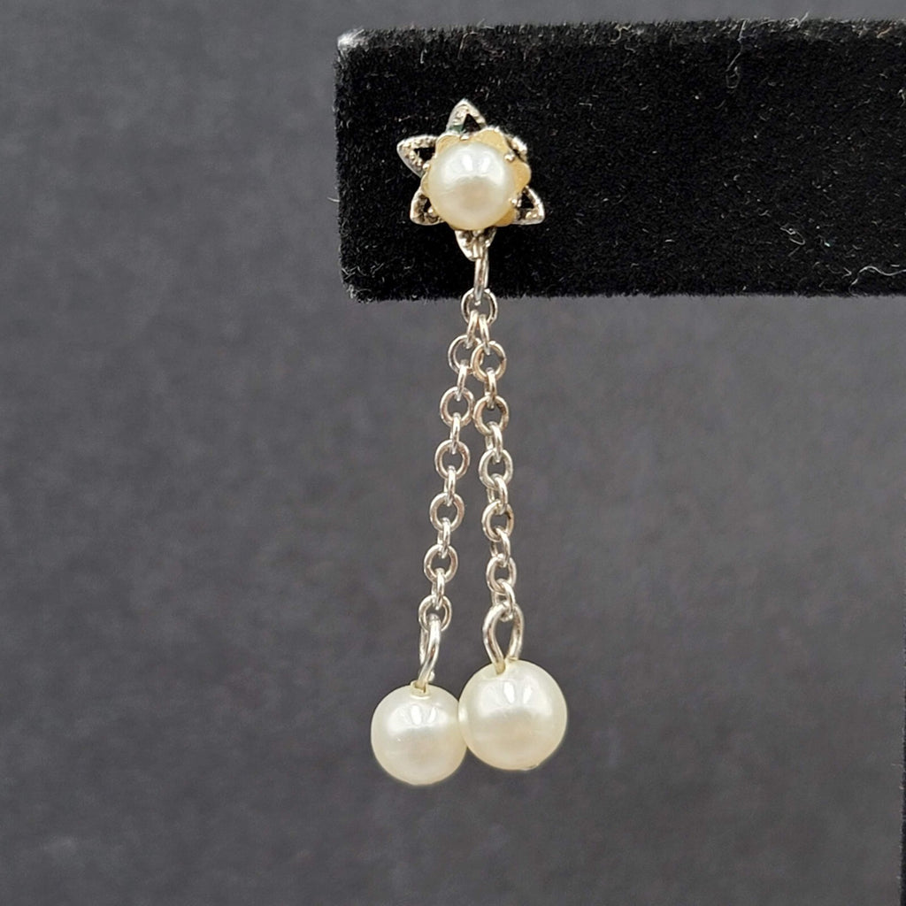 Vintage Pierced Earrings Silver tone White Bead Dangle Chains 1 3/8"