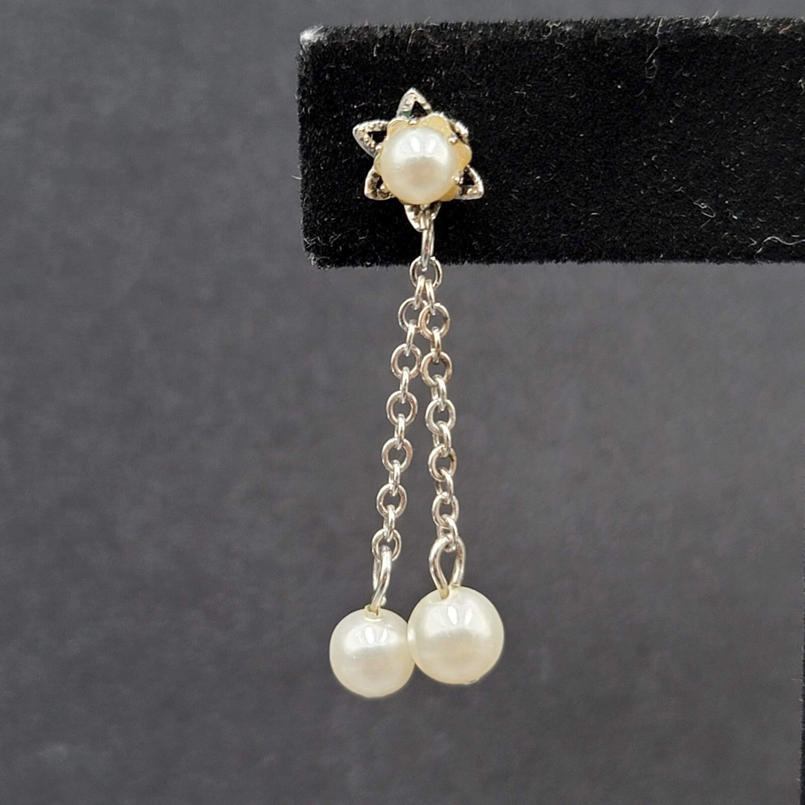 Vintage Pierced Earrings Silver tone White Bead Dangle Chains 1 3/8"