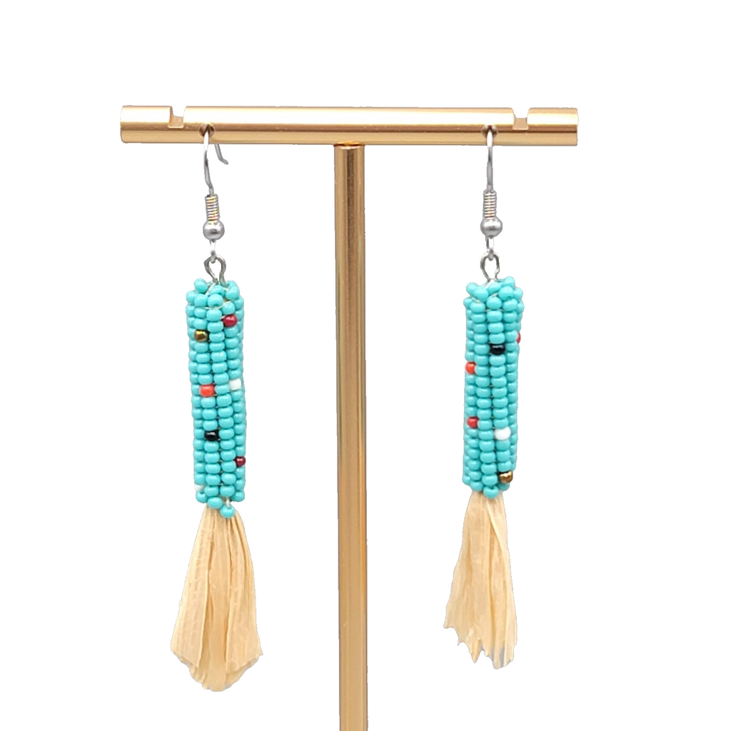 Blue Seed Bead Corn Maize Pierced Earrings Silver tone Dangle Southwest 2.25 in