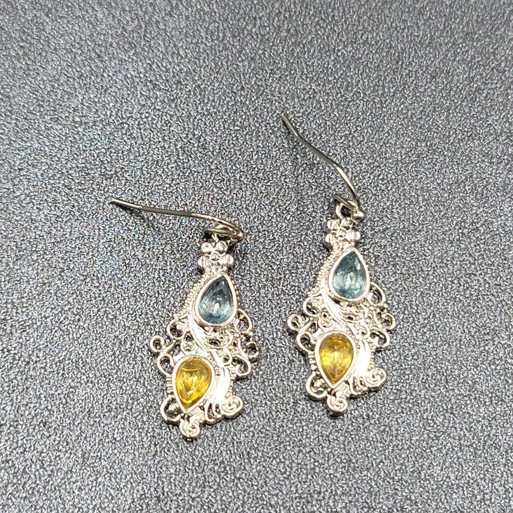 Pierced Earrings Silver tone Blue Yellow Teardrop Crystals  1 1/8"