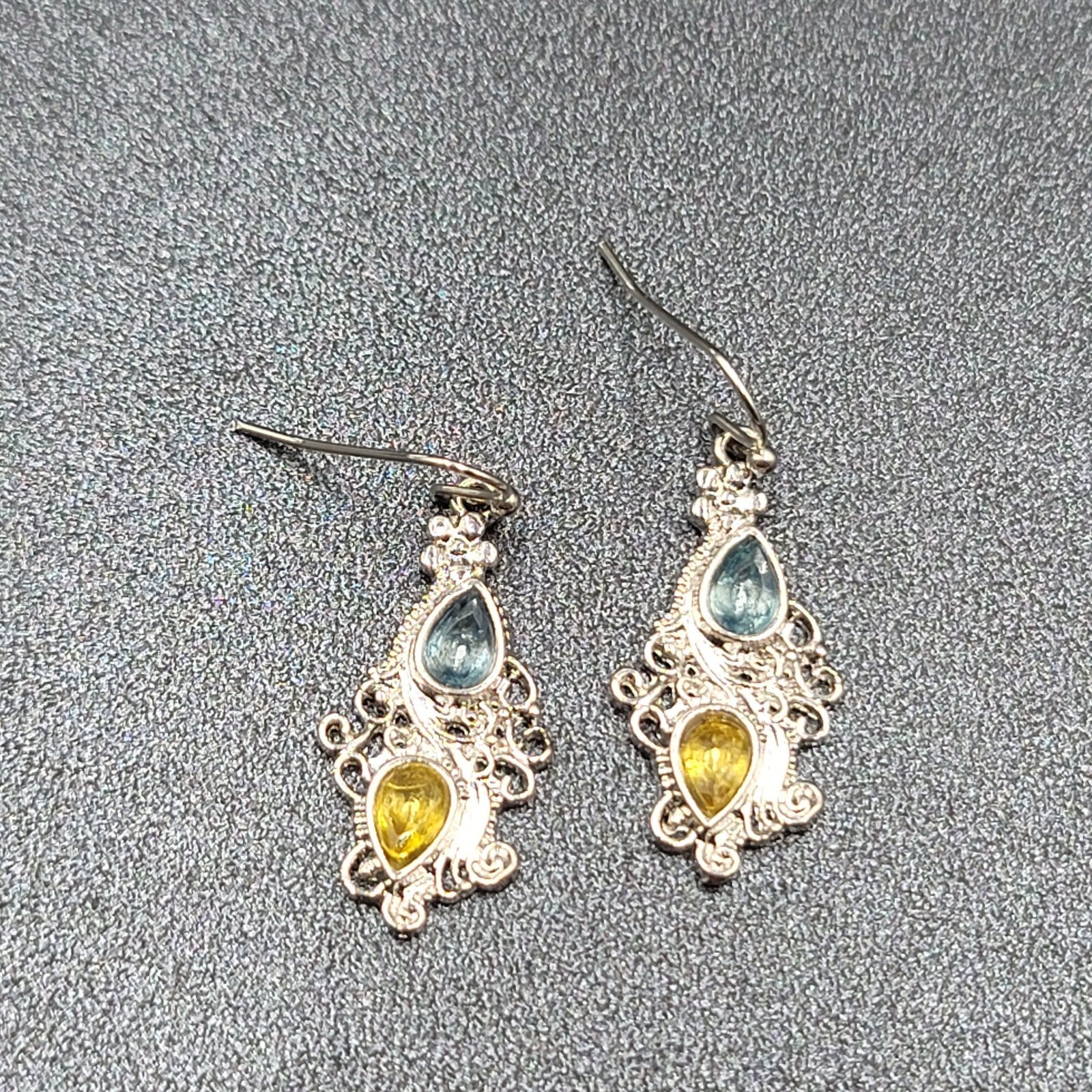 Pierced Earrings Silver tone Blue Yellow Teardrop Crystals  1 1/8"