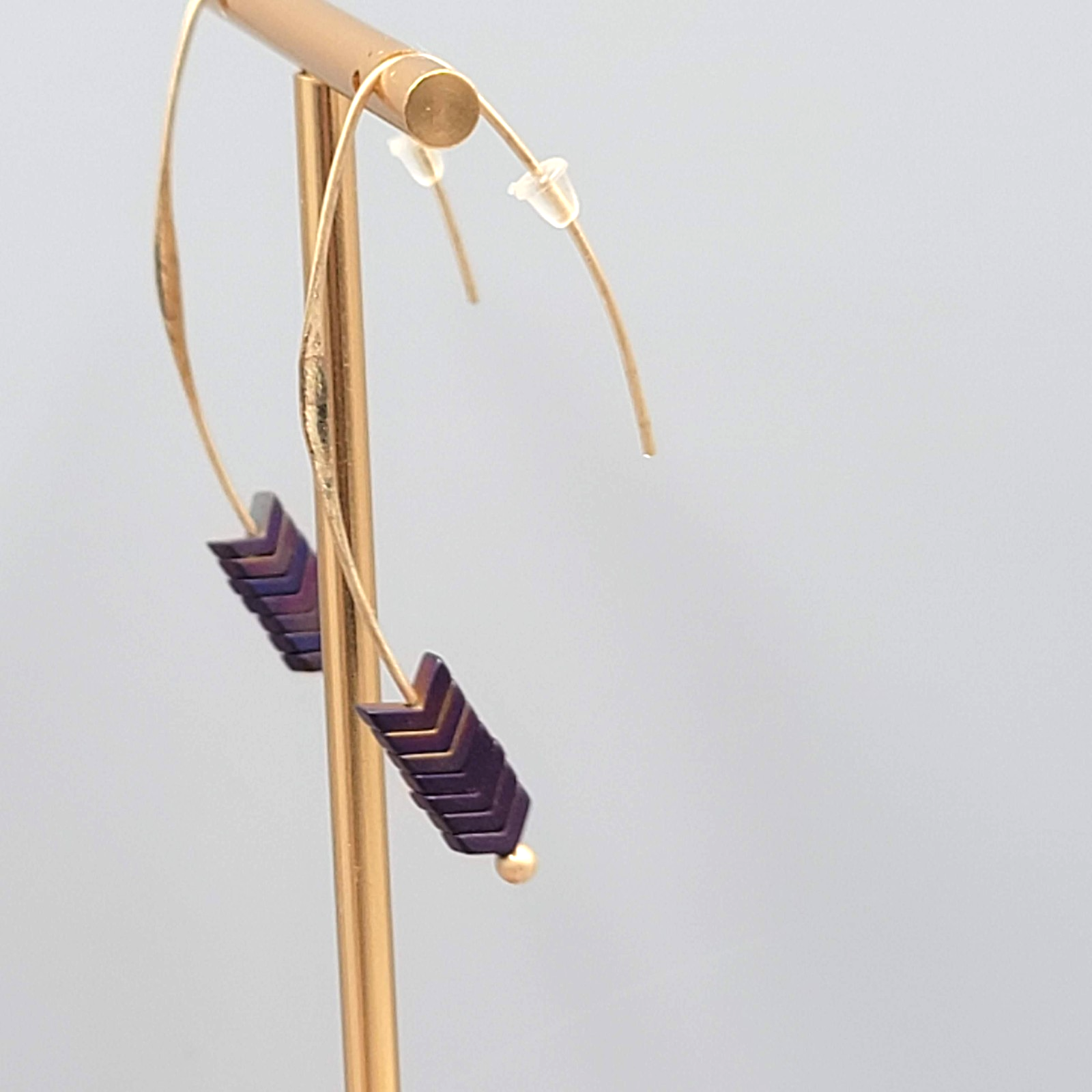 Purple Stone Thin Hook Pierced Earrings Gold tone Drop 2"