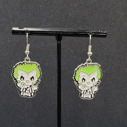 Beetlejuice Pierced Earrings Enamel Silver tone Horror Movie Dangle 1.25" FS