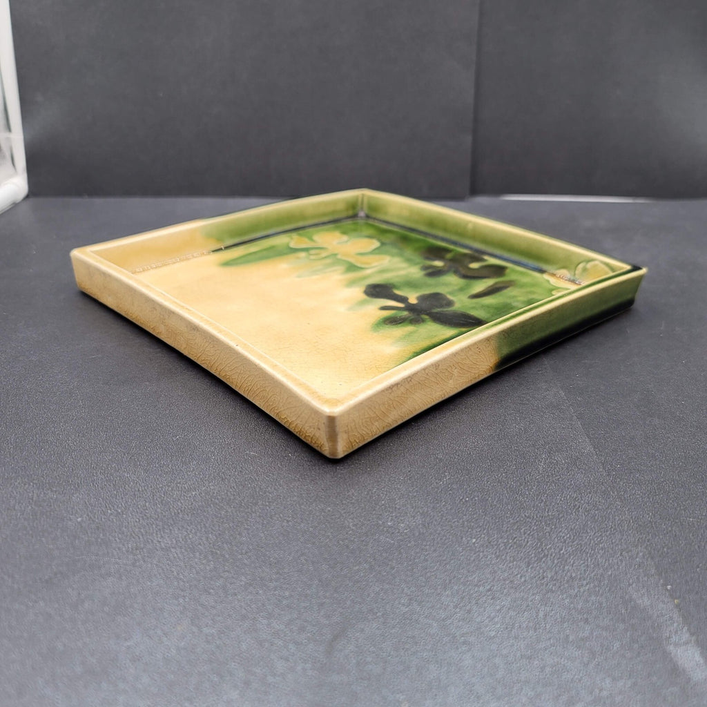 Art Pottery Plate Tray Square Asian Signed Green Yellow Crazing 7.5"x7.5"x0.75"