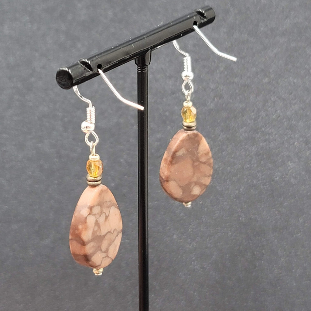 Pierced Earrings Sterling Silver Brown Stone Teardrop Bead Dangle 1.25"