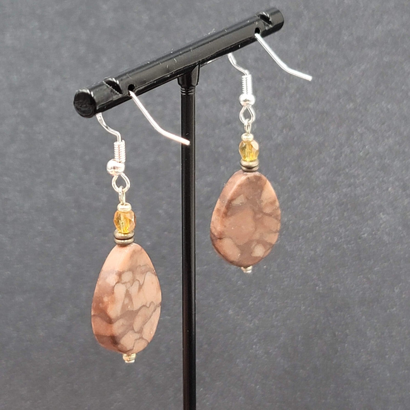 Pierced Earrings Sterling Silver Brown Stone Teardrop Bead Dangle 1.25"