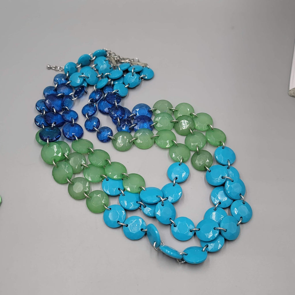 Large Triple Strand Blue Green Bead Necklace Statement 18"