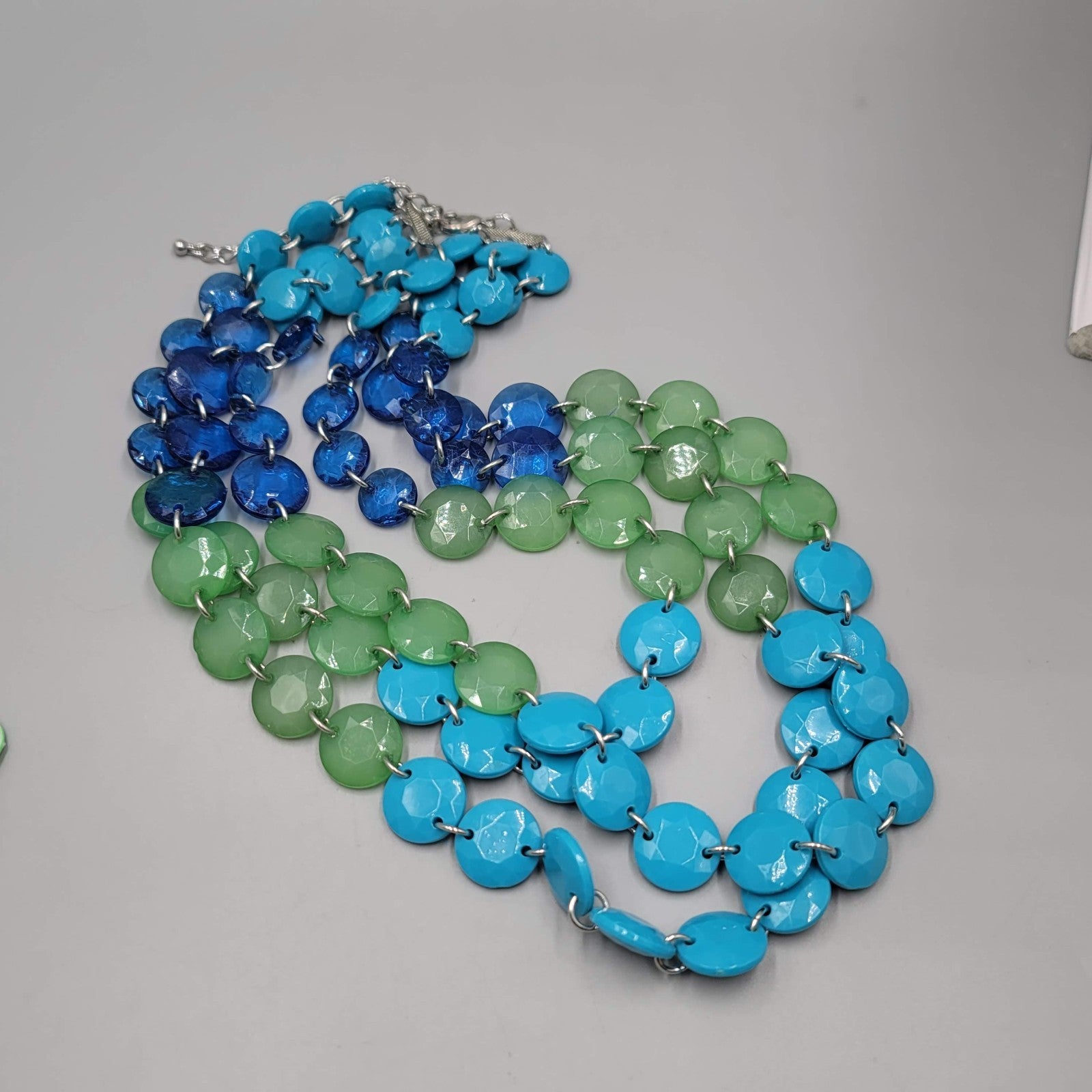 Large Triple Strand Blue Green Bead Necklace Statement 18"
