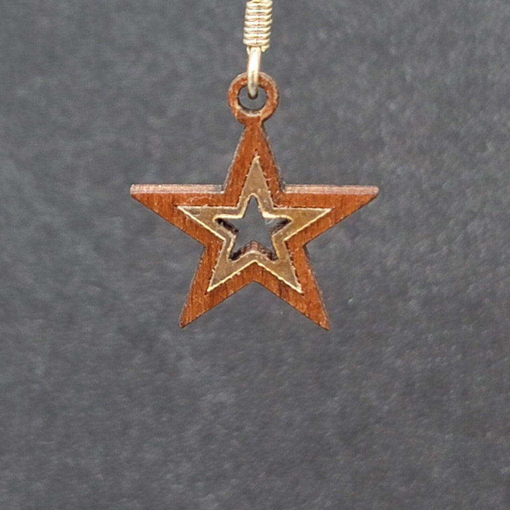 Star Pierced Earrings Wood Dangle 3/4"
