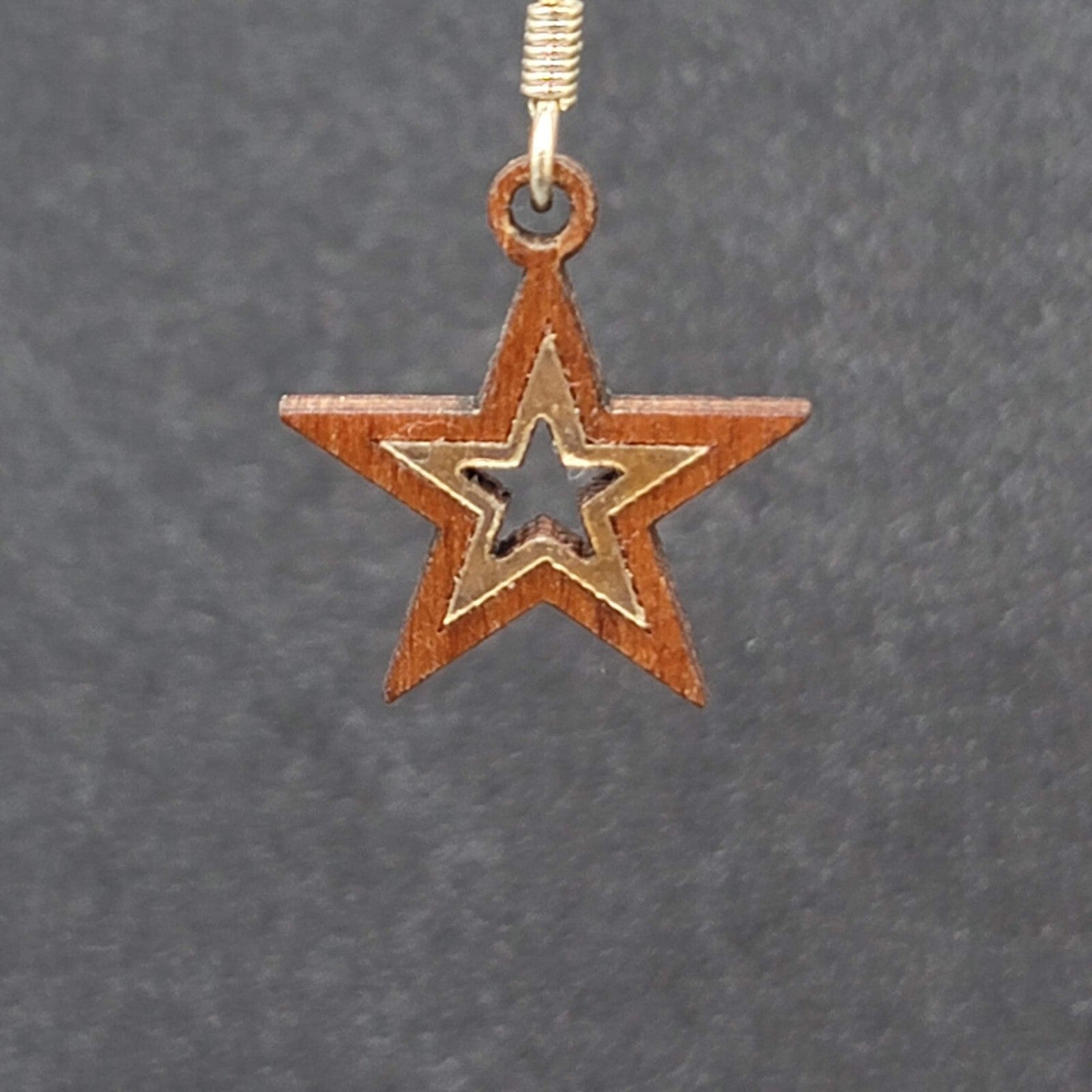 Star Pierced Earrings Wood Dangle 3/4"