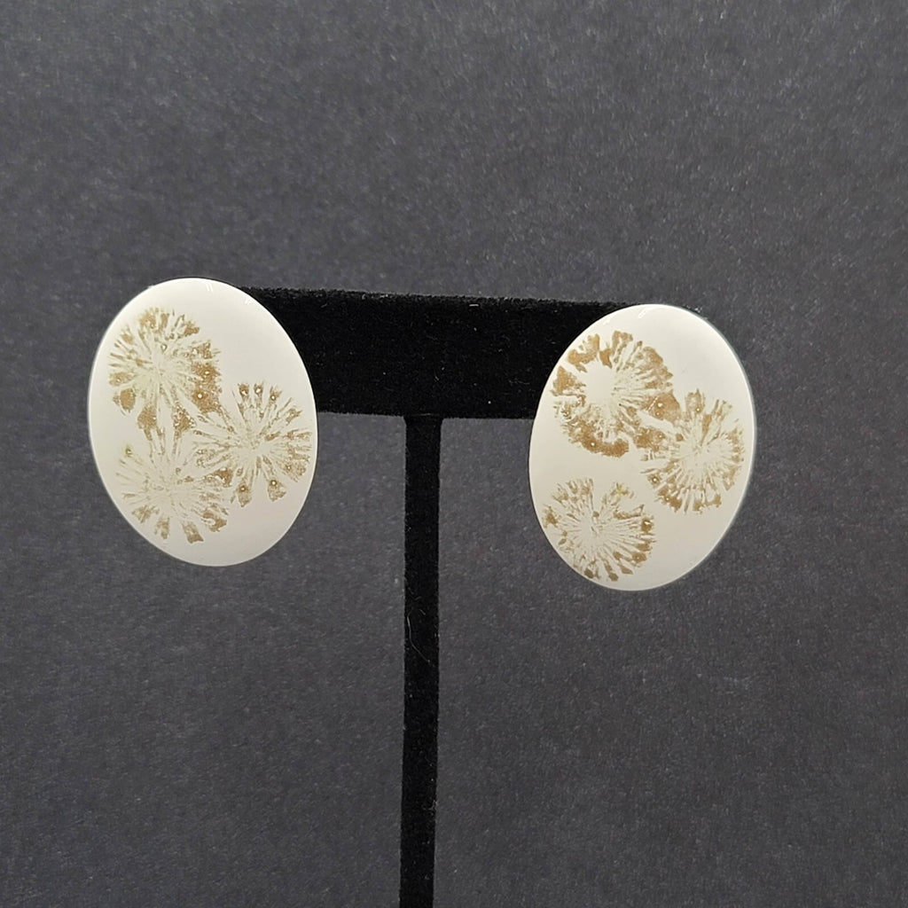 Vintage Pierced Earrings White Enamel over Metal Oval Gold Flowers Drop 1 3/8"
