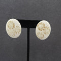 Vintage Pierced Earrings White Enamel over Metal Oval Gold Flowers Drop 1 3/8"