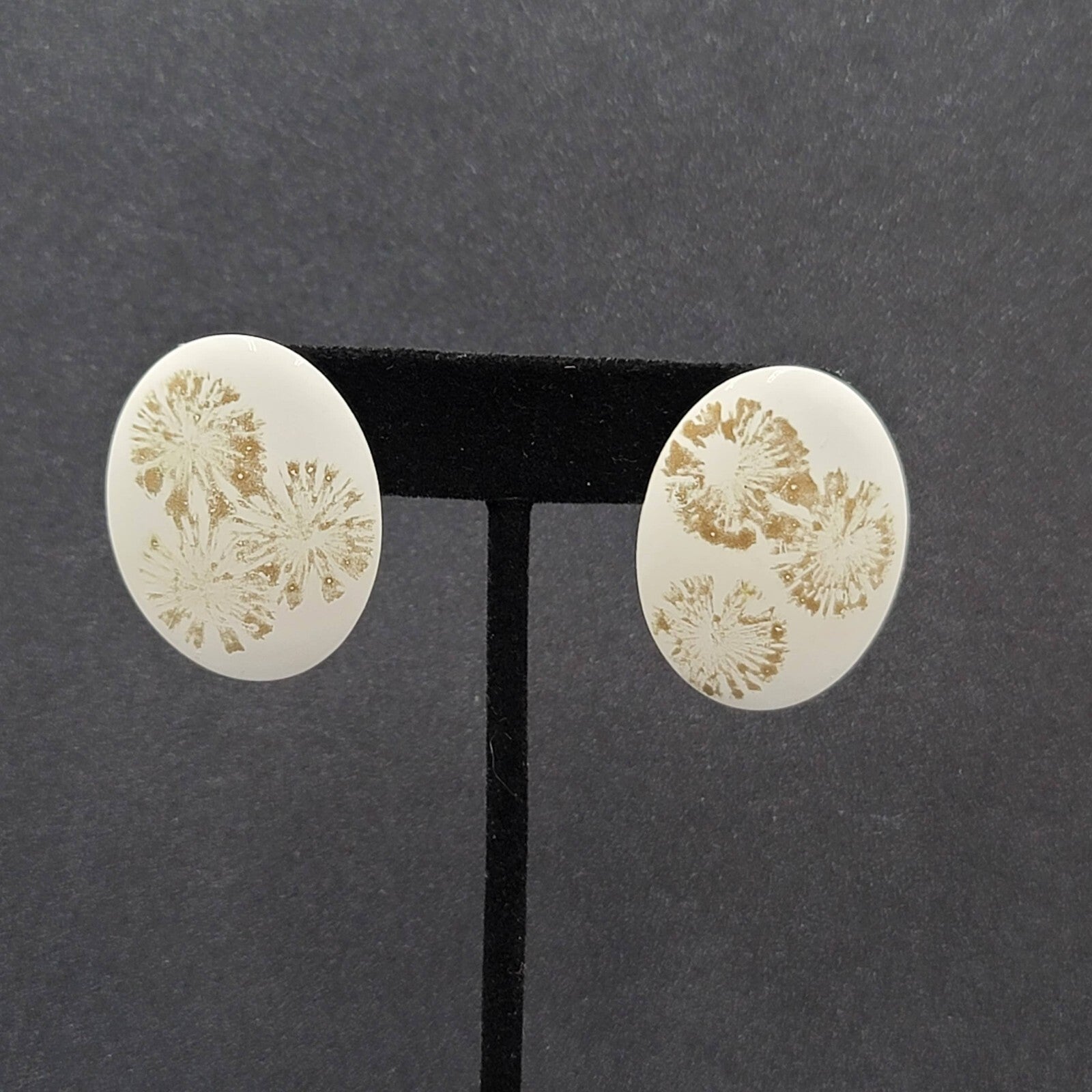 Vintage Pierced Earrings White Enamel over Metal Oval Gold Flowers Drop 1 3/8"