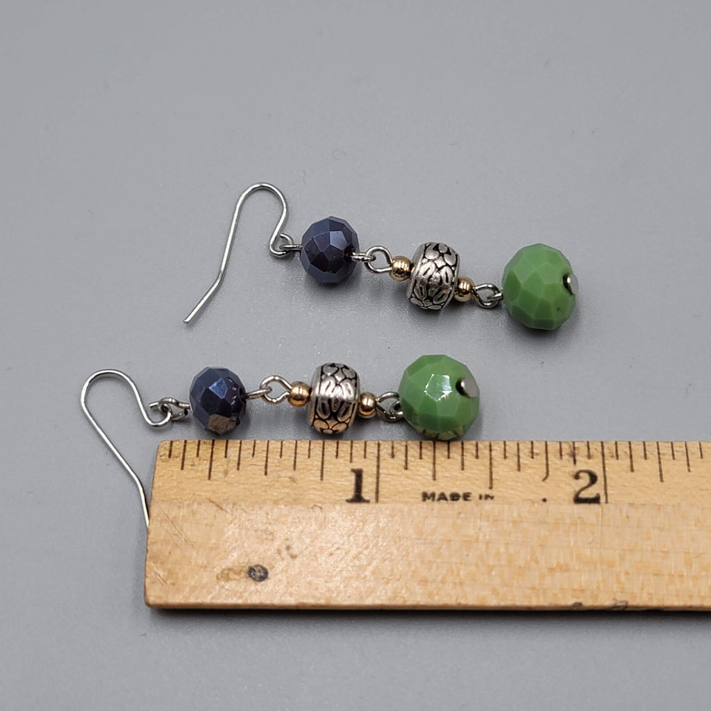 Pierced Earrings Silver tone Purple Green Glass Beads Dangle 1.5"