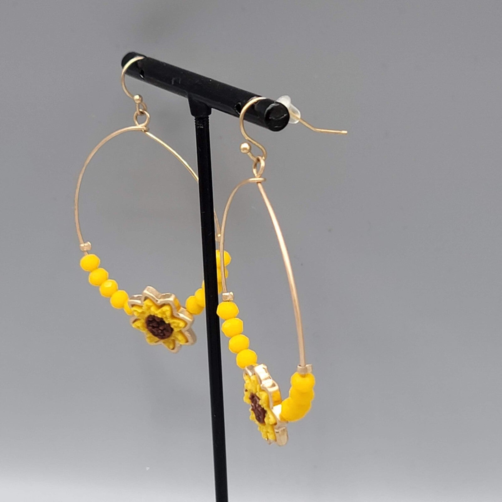 Sunflower Pierced Earrings Gold tone Yellow Bead Dangle hoops 2"