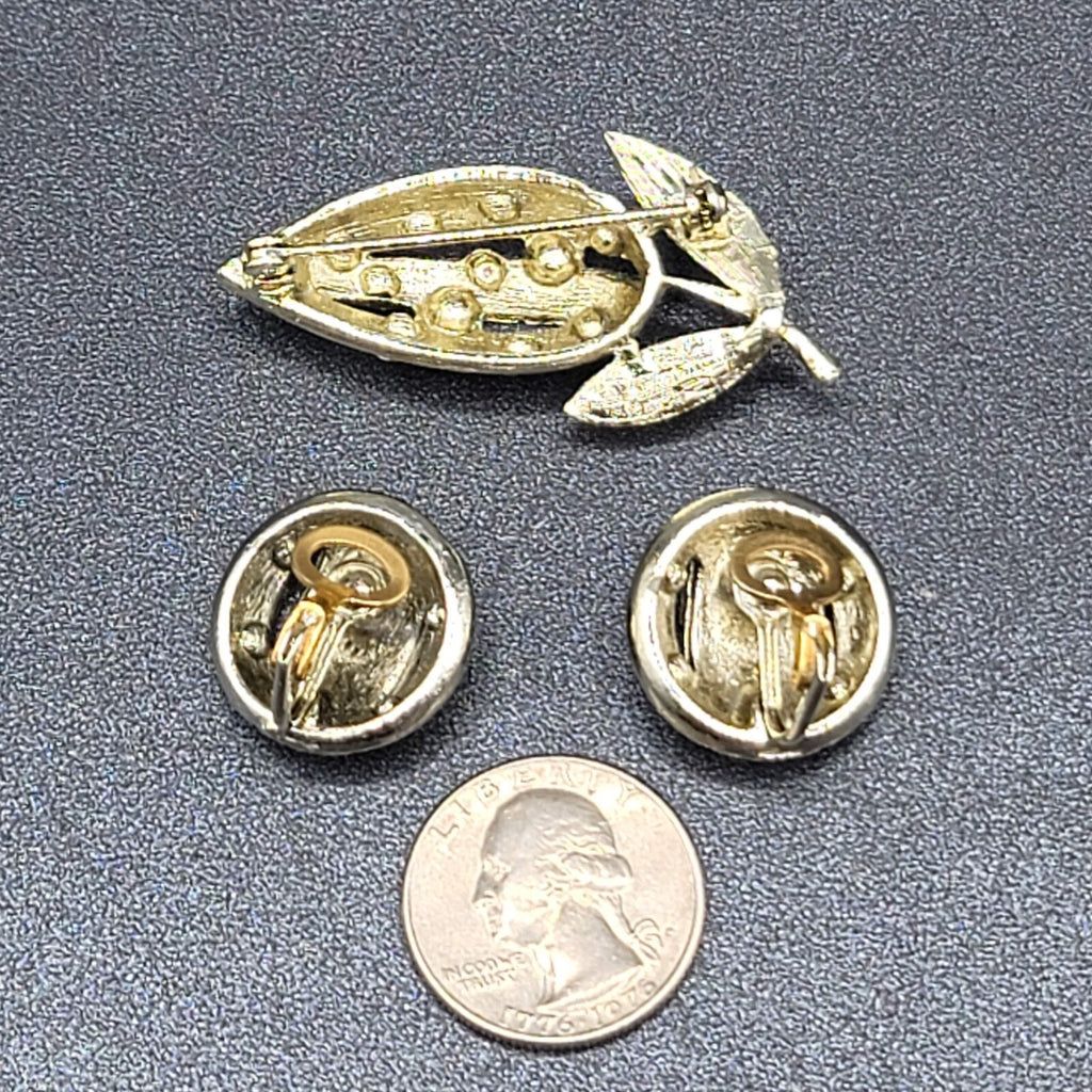 Vintage Flower Brooch Clip on Earrings Set Silver tone AB Rhinestone