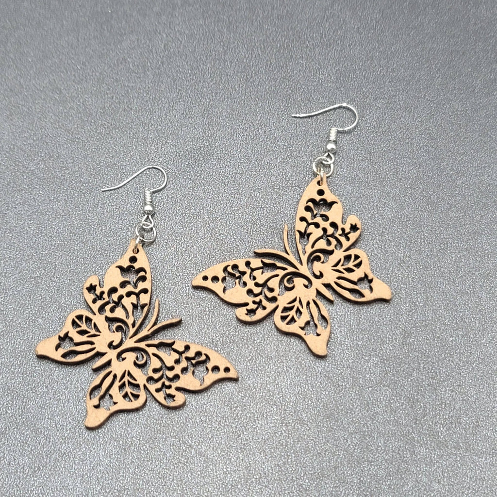 Butterfly Pierced Earrings Laser Cut Wood Dangle Large 2"