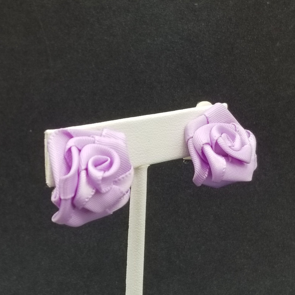 Vintage Clip on Earrings Purple Fabric Flower Bow Statement Stud 1"