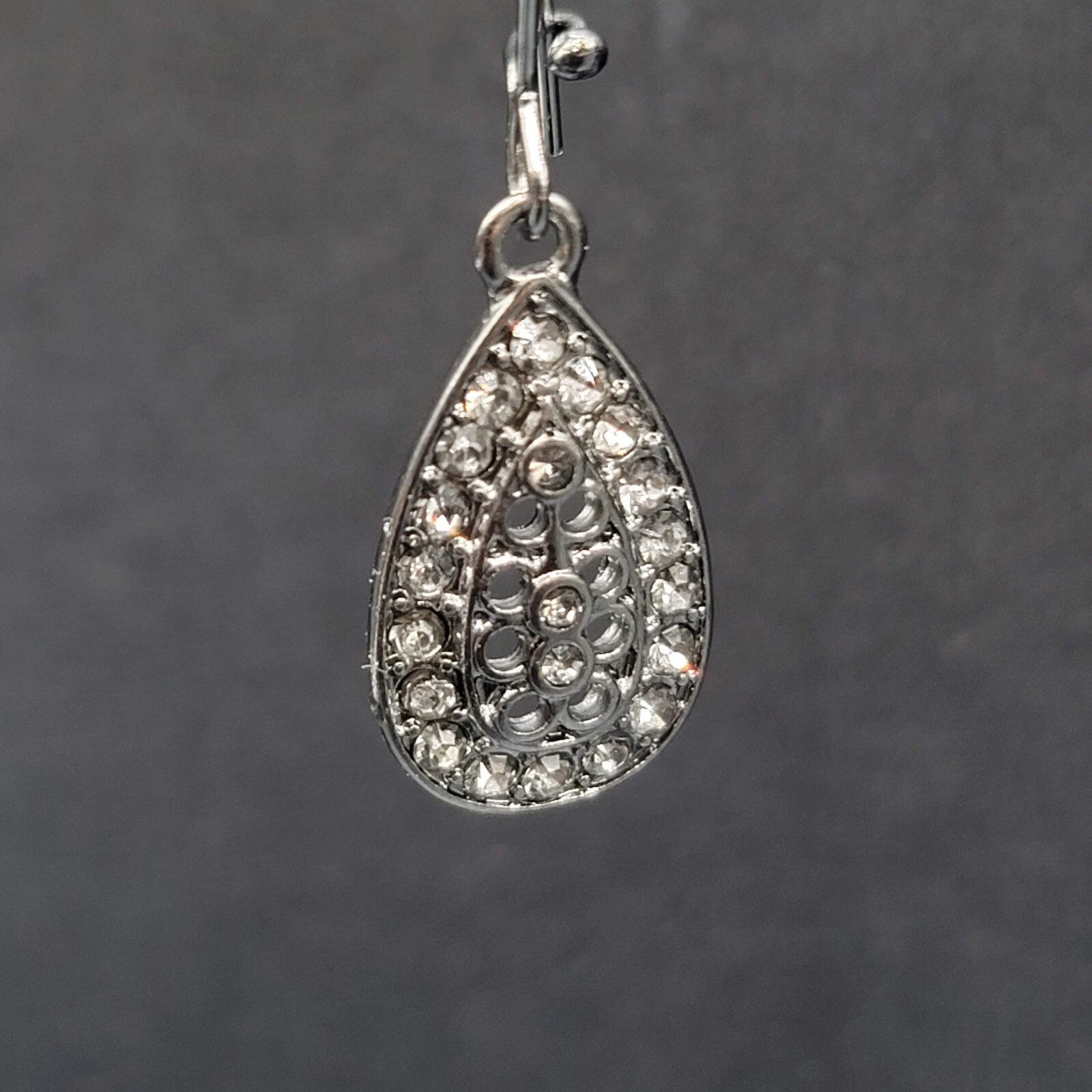 Pierced Earrings Gun Metal Gray Rhinestone Teardrop Sparkly! 2.25"