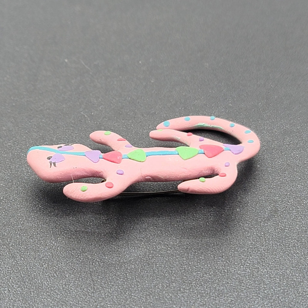Vintage 90s Lizard Brooch Pink Polymer Clay Figural 2.5"