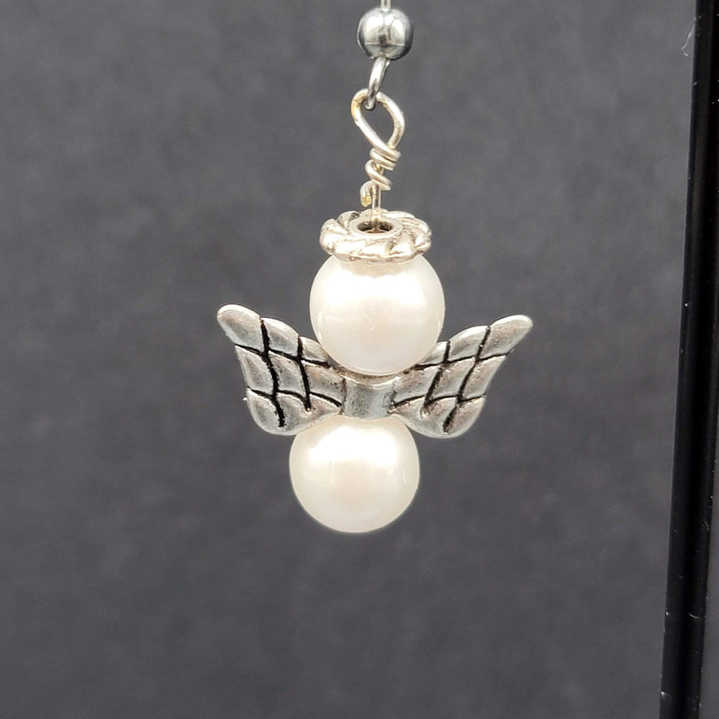 Angel Pierced Earrings Silver tone White Bead Dangle  1"