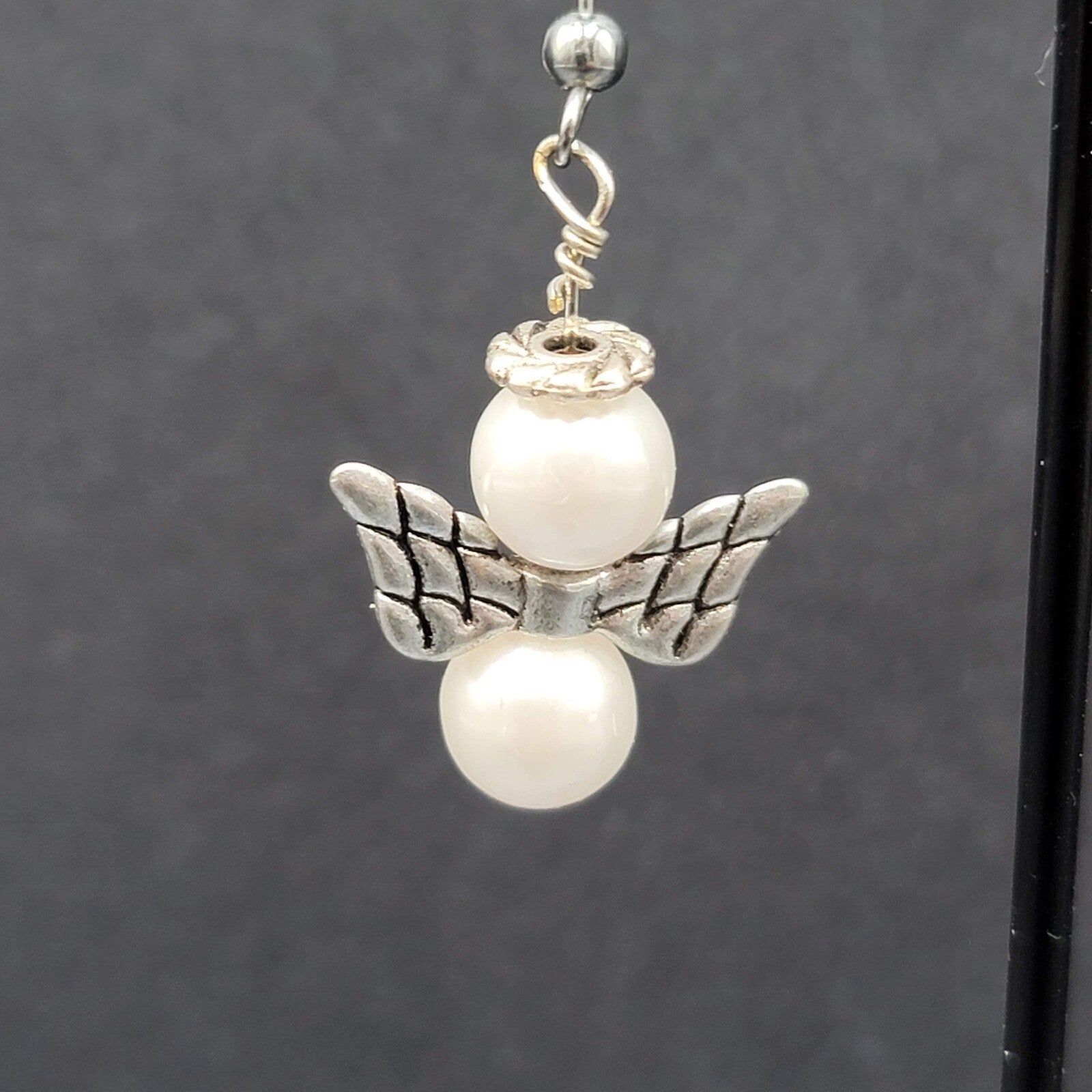 Angel Pierced Earrings Silver tone White Bead Dangle  1"