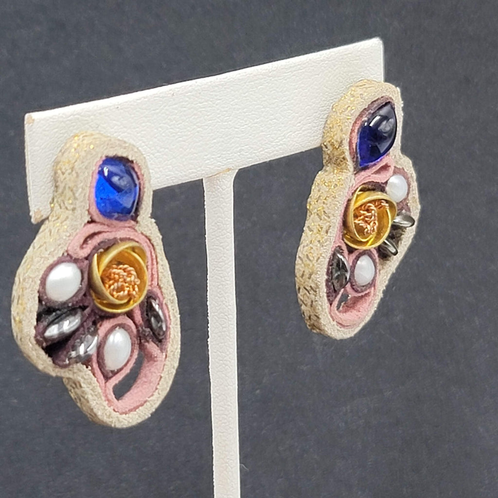 Artisan Pierced Earrings Leather Beaded Gold tone Rose Unusual Fun Drop 1.5"