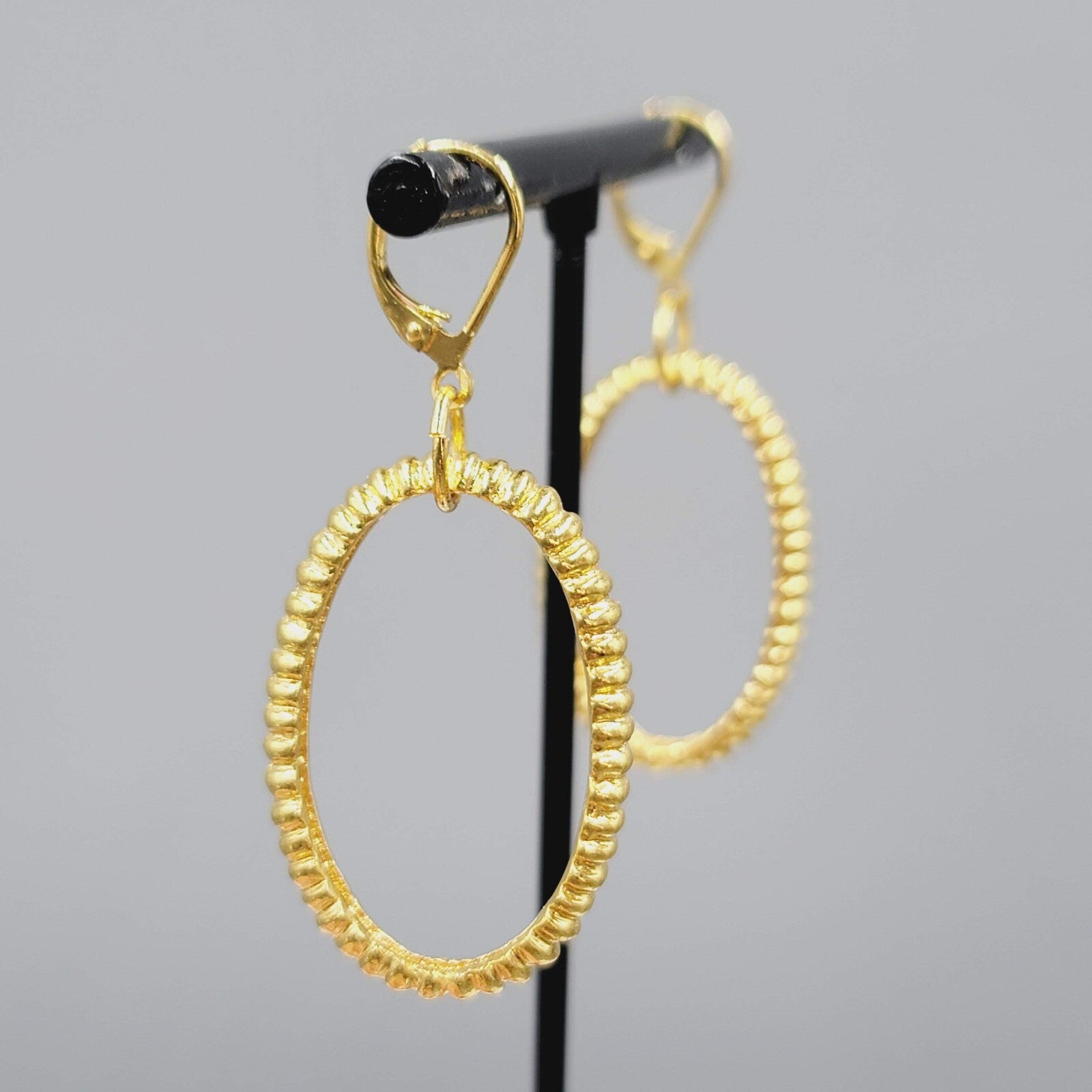 Gold tone Pierced Earrings Dangle Oval Open Hoops Leverback 1.5"