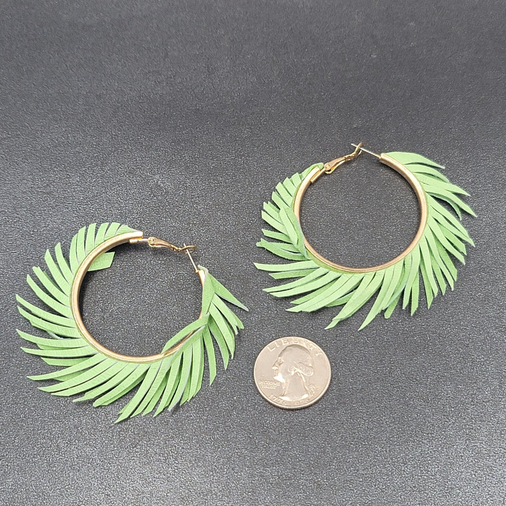 Pierced Earrings Green Fringe Gold tone Hoops Dangle